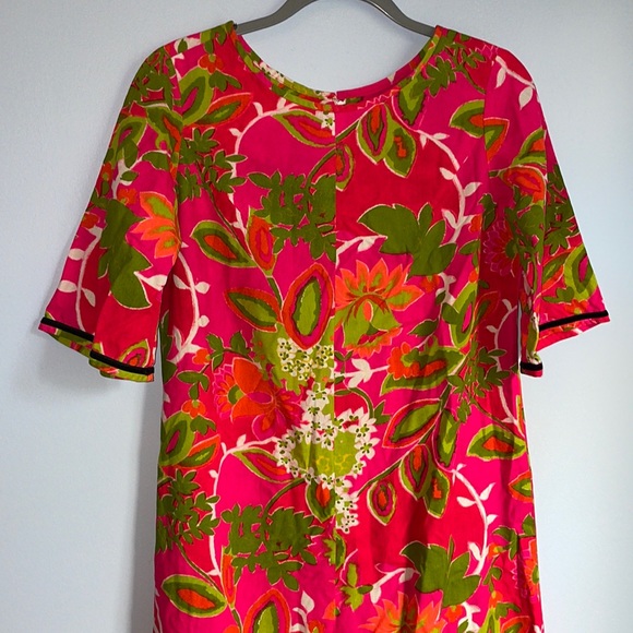 VTG 'HO ALOHA' HAWAIIAN WHITE PINK FLORAL FRILL BOW SLEEVELESS SUMMER DRESS M 12